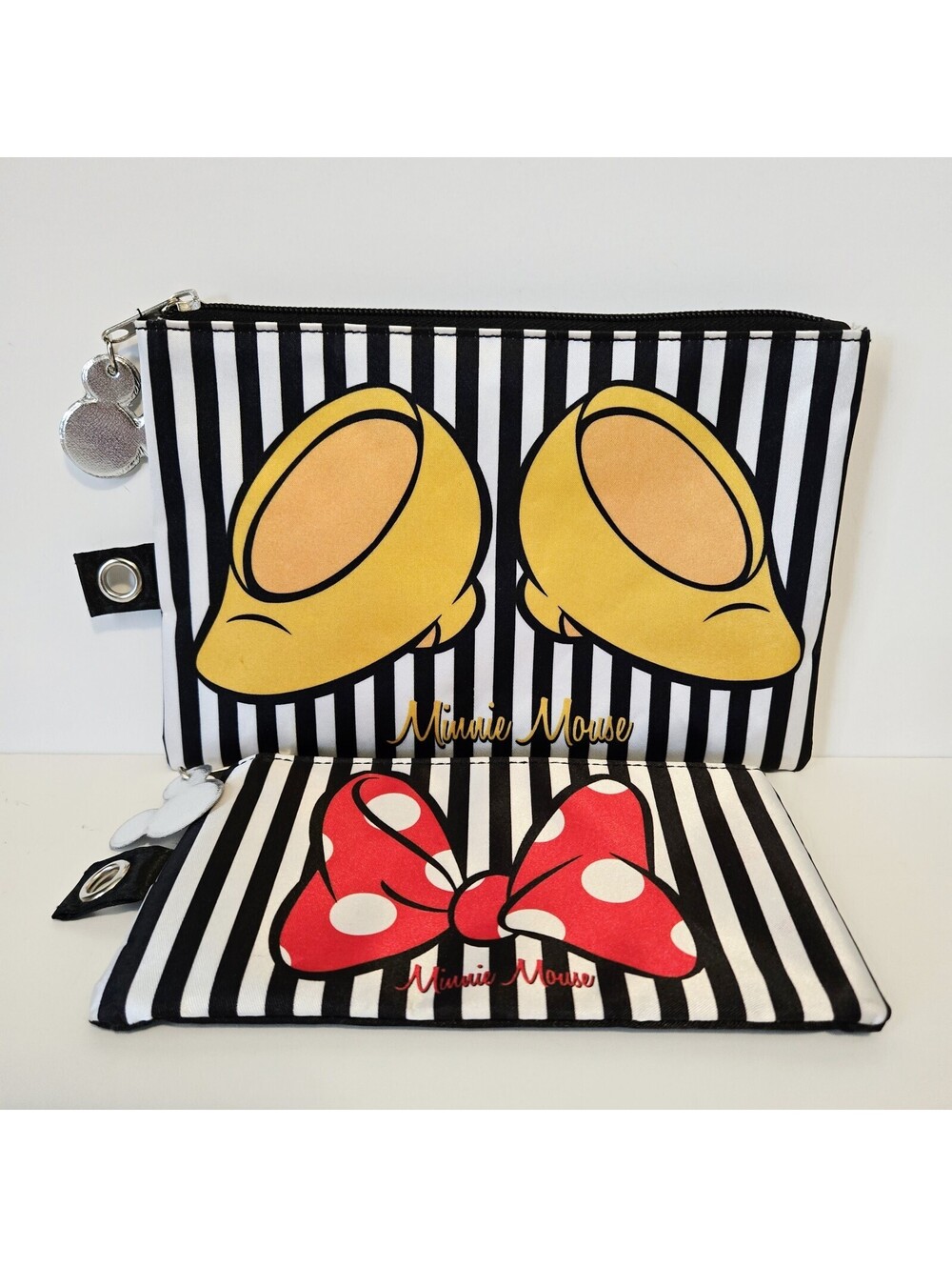 Disney Minnie Mouse Cosmetic Bag Set Striped Yellow Heels Polka Dot Bow